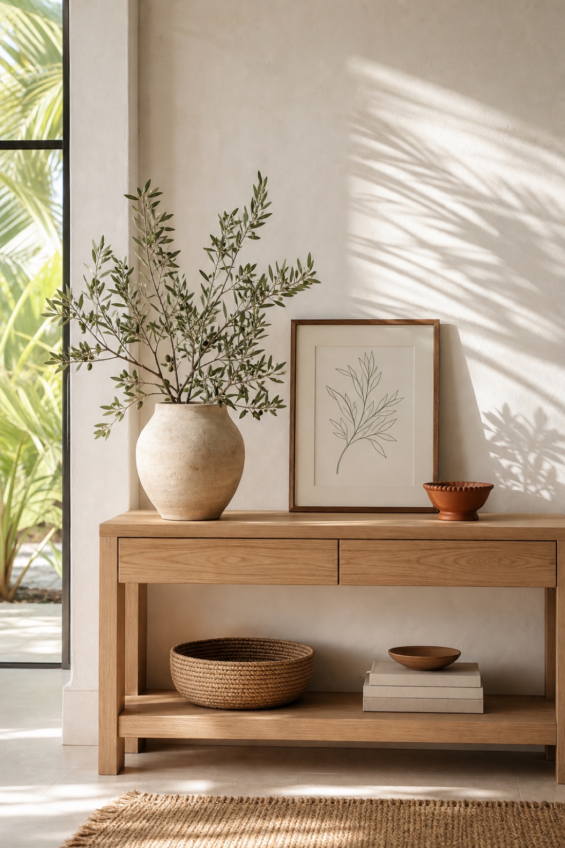 Sunlit console table with a vase of olive branches beside a framed print in a calm Coral Gables office