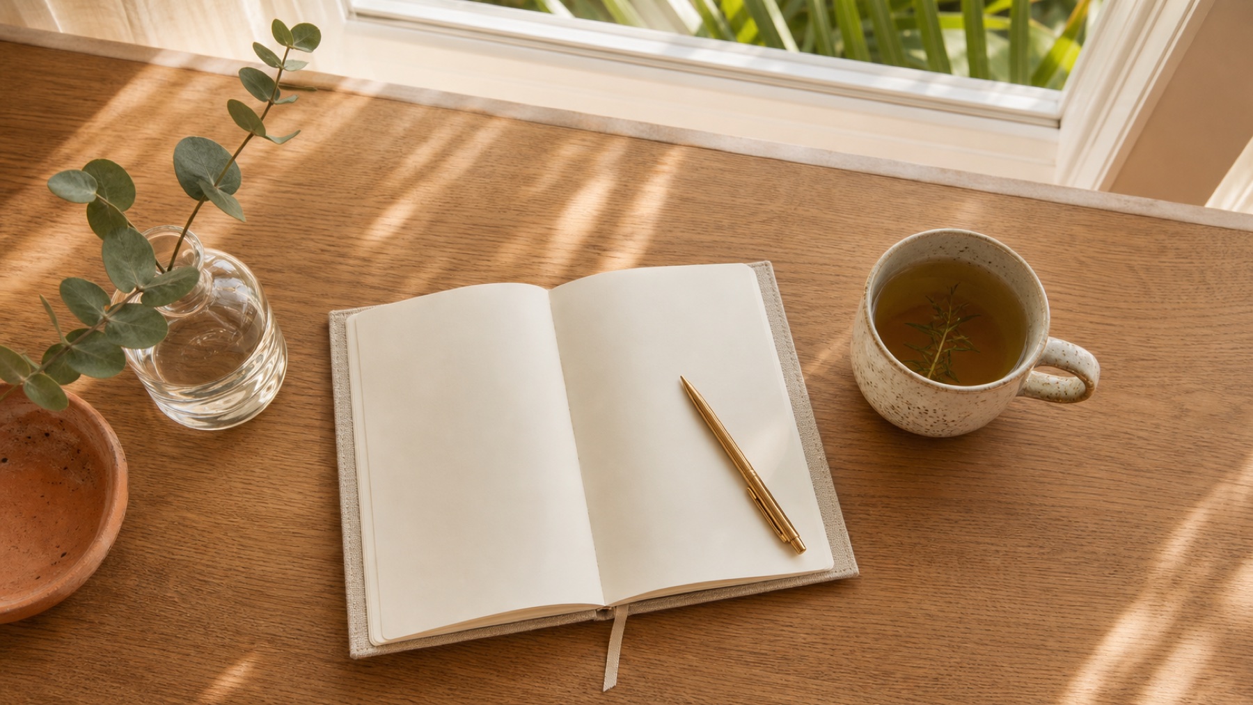 A journal, colored pencils, and a small plant arranged on a warm linen surface