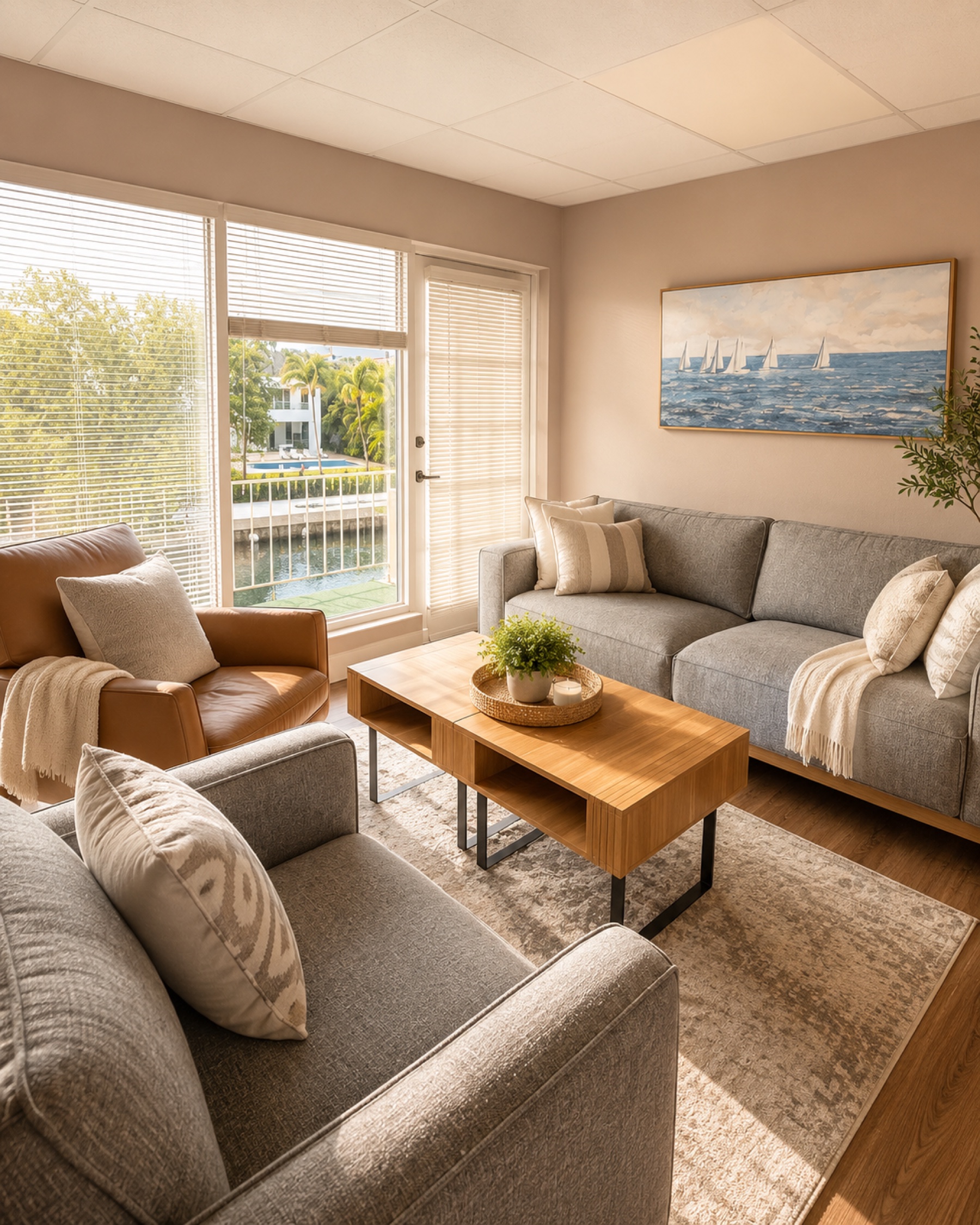 Therapy room at the Coral Gables office with gray sofas, a leather armchair, and a sailboat painting by a sunlit window