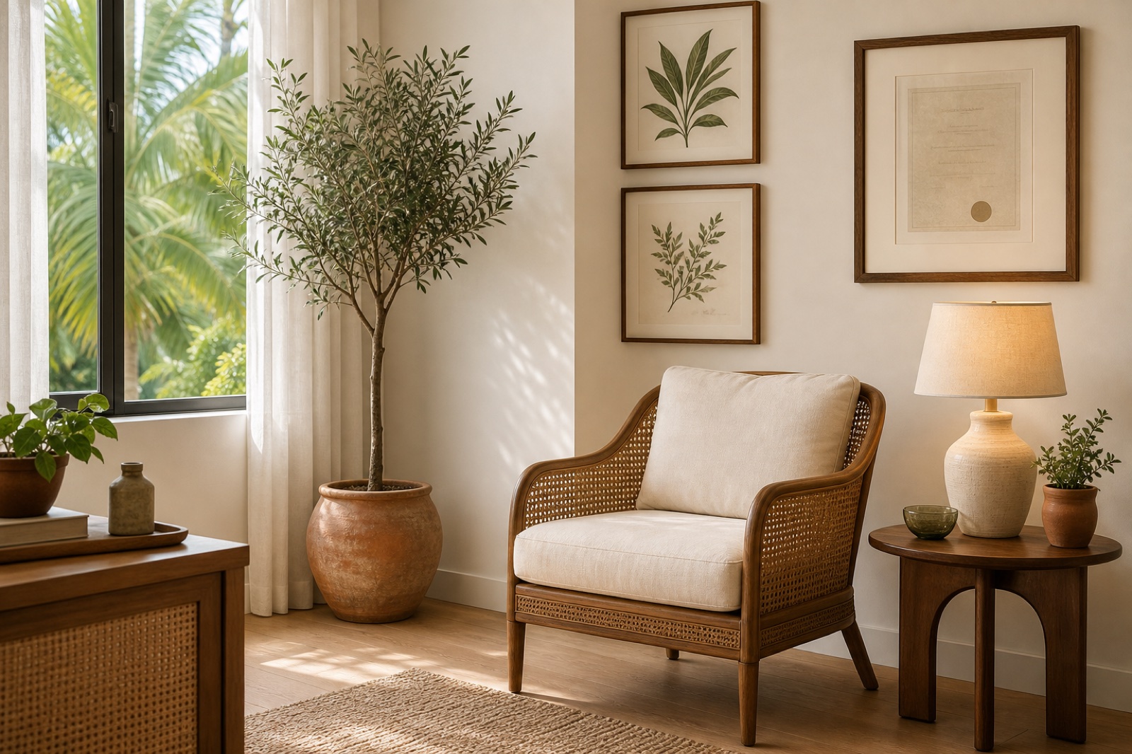 A quiet reading corner with a cane armchair, a warm lamp, and a plant beside a window
