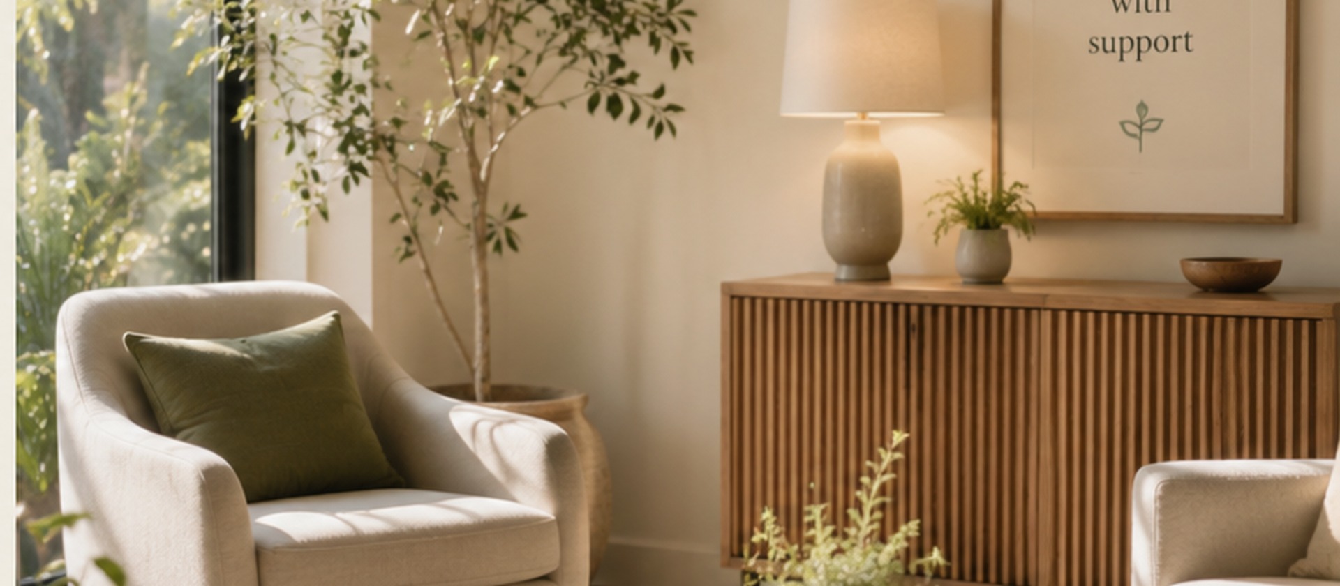 A warm, sunlit therapy-inspired interior with soft seating, natural wood, and greenery.