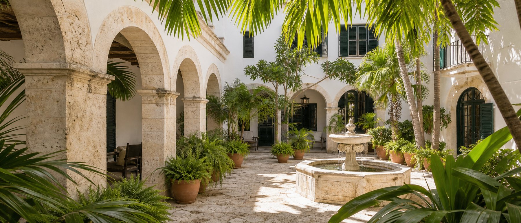 A sunlit Mediterranean courtyard with stone arches, palm trees, and a central fountain in Coral Gables