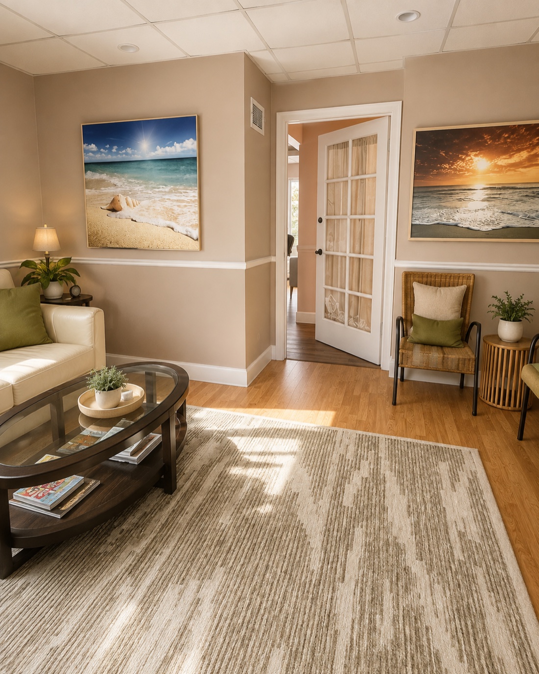 The waiting area entrance with beach photography and a wicker chair in warm afternoon light