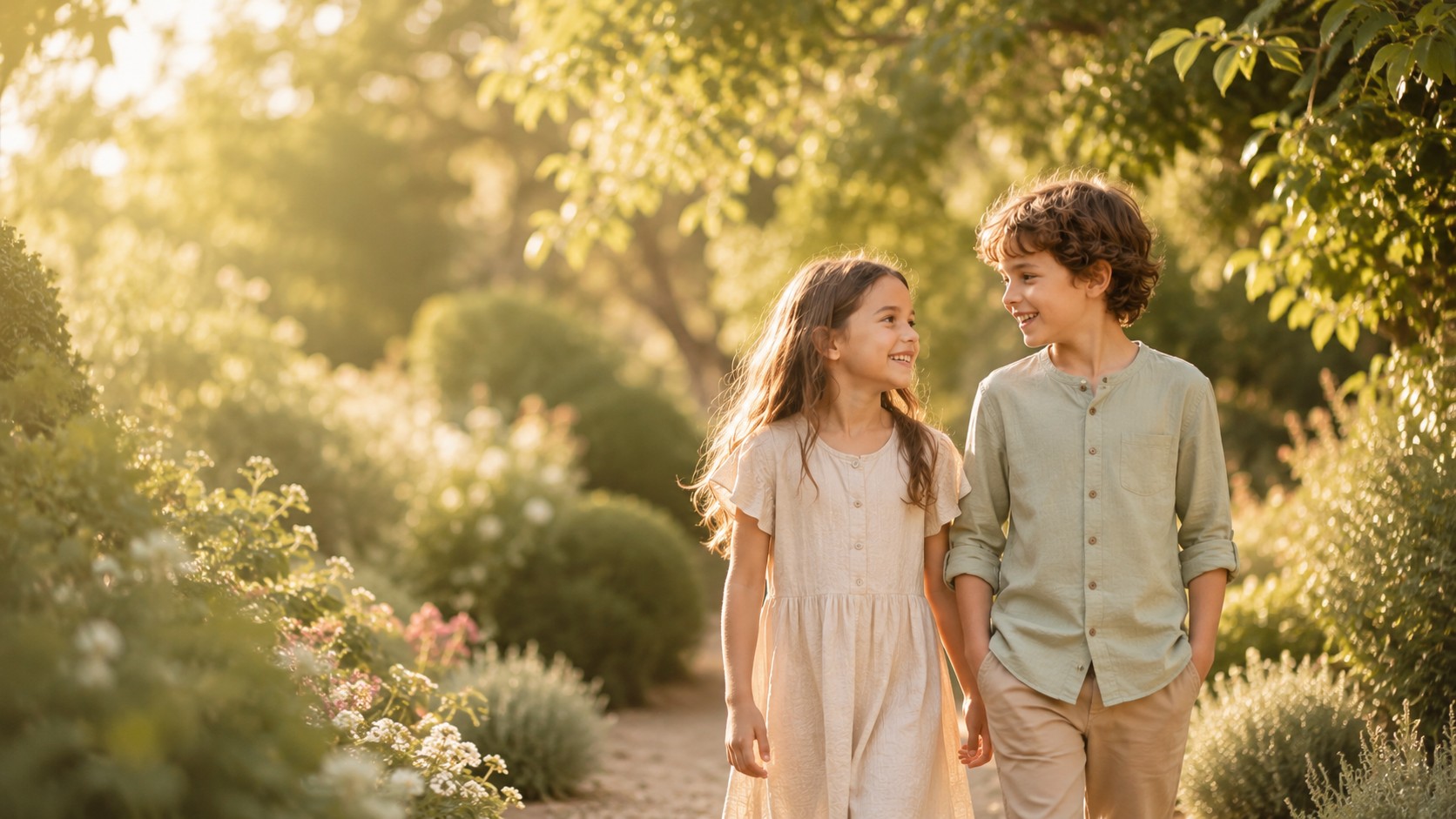 Two children smiling together while walking through a sunlit garden.