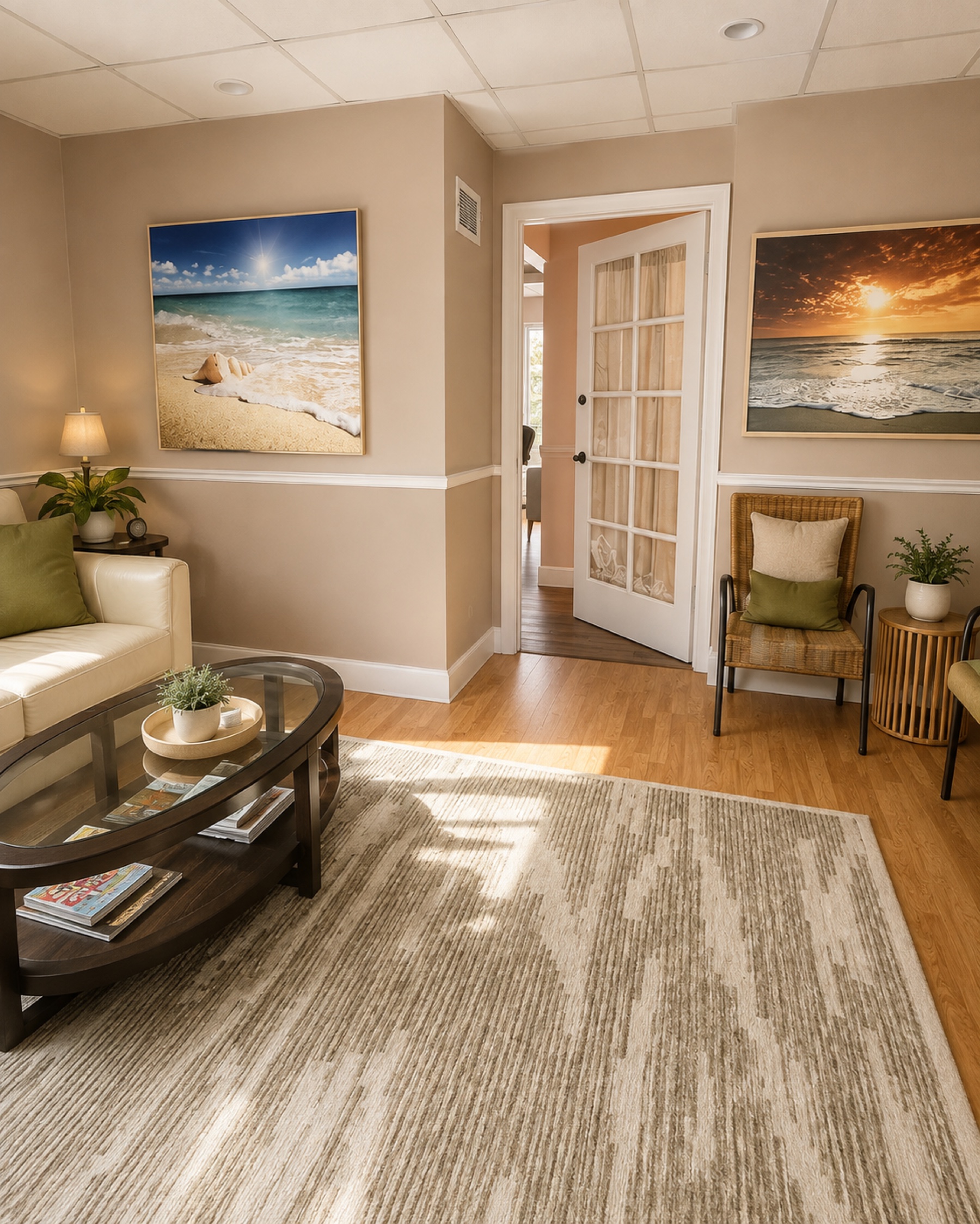 Waiting area with a cream sofa, ocean art, and a wicker chair by a french door with natural light